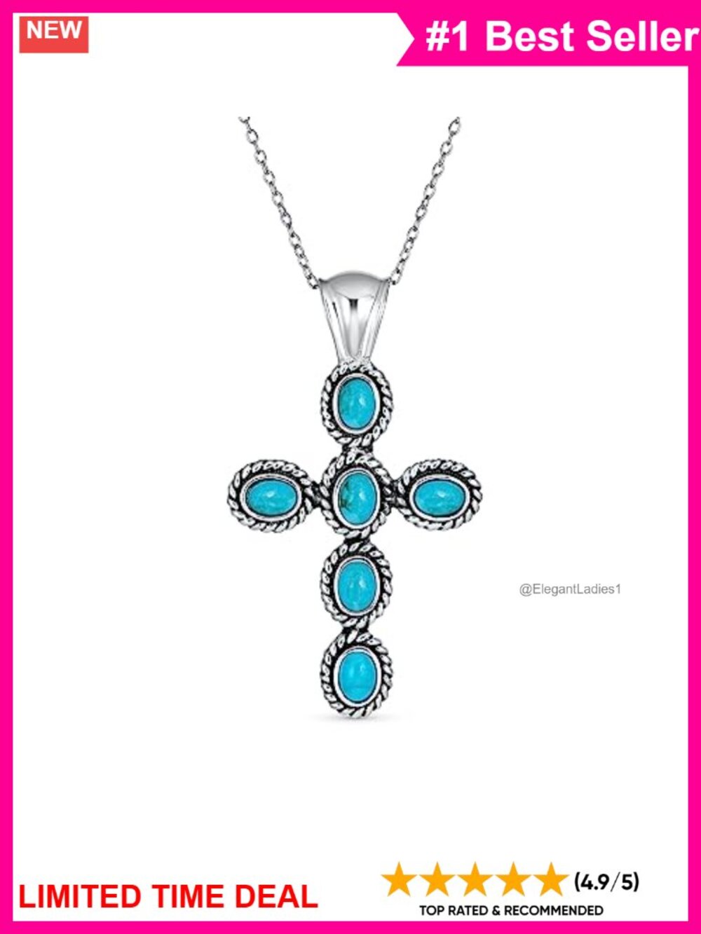 925 Sterling Silver Cross Pendant Necklace with Stabilized Turquoise, 18in Chain